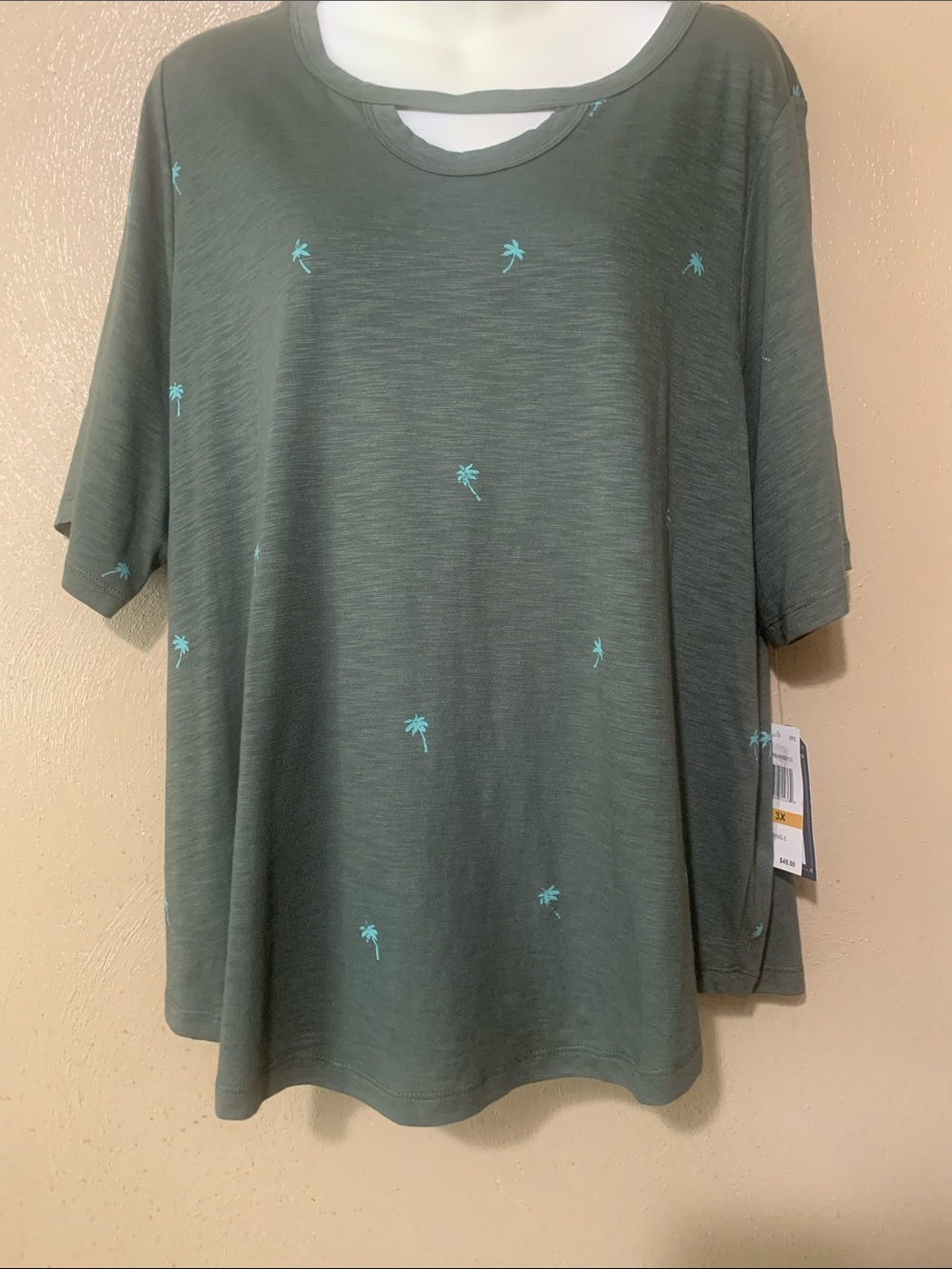 Democracy Olive Short Sleeve Tee with Aqua Palm Embroidery